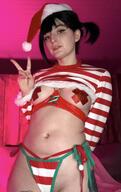 1girl Meido_Moon bikini_bottom breastless_clothes breasts christmas christmas_hat female female_only hat indoors jewelry looking_at_viewer medium_breasts nipple_tape nipples peace_sign ponytail ring santa_hat shirt shirt_lift side-tie_bikini_bottom solo striped_bikini striped_shirt wig // 1290x2048 // 254.5KB